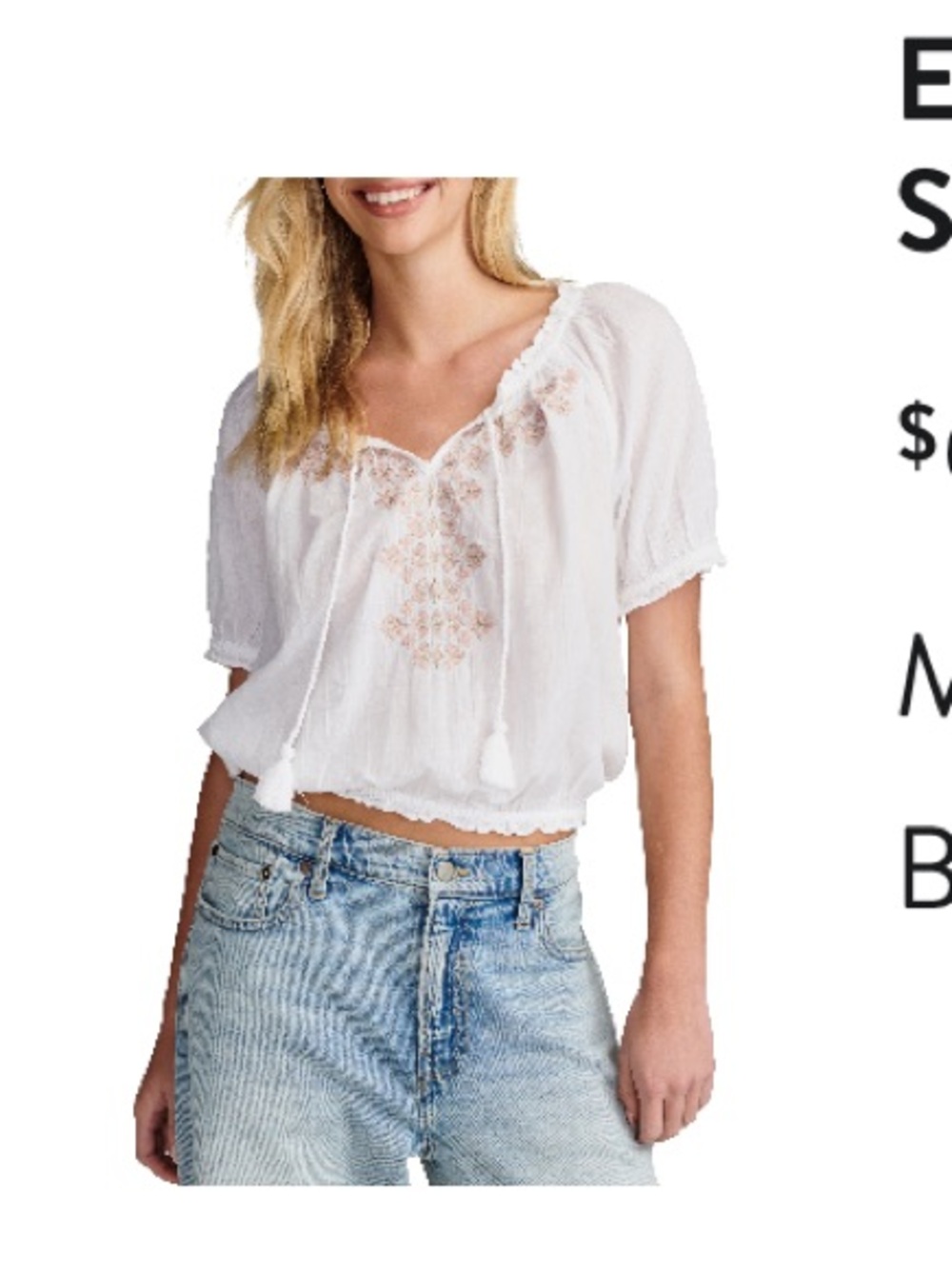 Lucky Brand White Embroidered Peasant Blouse with Tassel Tie